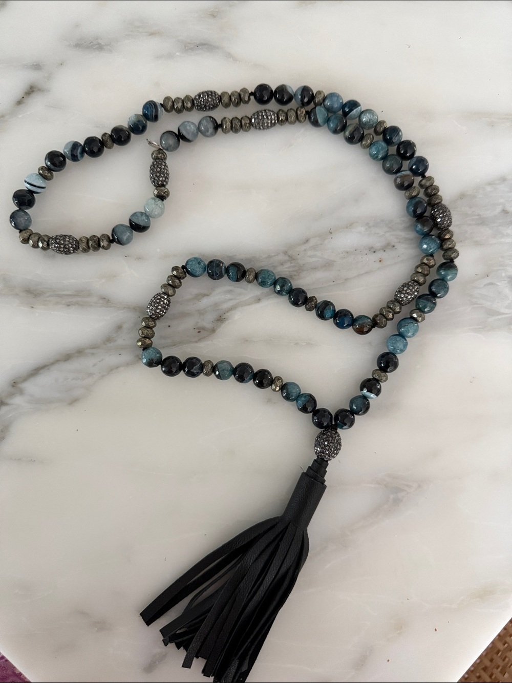 Hip Chik Long Beaded Tassel Necklace in Blue Gunmetal Black and Rhinestone